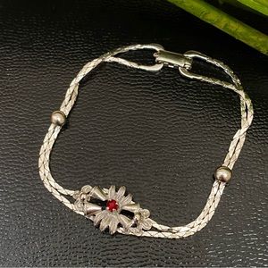 Vintage Silver Ruby Red Floral Bell Center Double Snake Chain 7.5” Bracelet